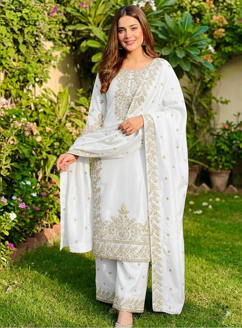 White color designer pure gmy silk sequins embroidered work readymade suit