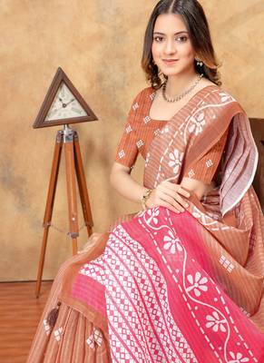Brown printed art silk designer pallu saree 4