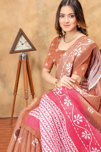 Brown printed art silk designer pallu saree