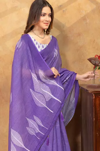 Purple printed art silk designer pallu saree