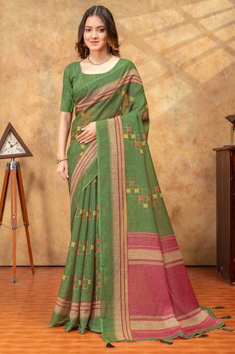 Green printed art silk designer pallu saree