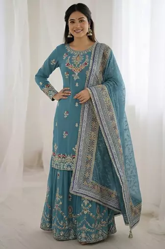 Blue color designer heavy faux georgette sequins embroidered work readymade suit