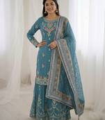 Blue color designer heavy faux georgette sequins embroidered work readymade suit