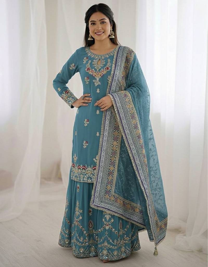 Blue color designer heavy faux georgette sequins embroidered work readymade suit