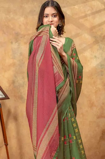 Green printed art silk designer pallu saree