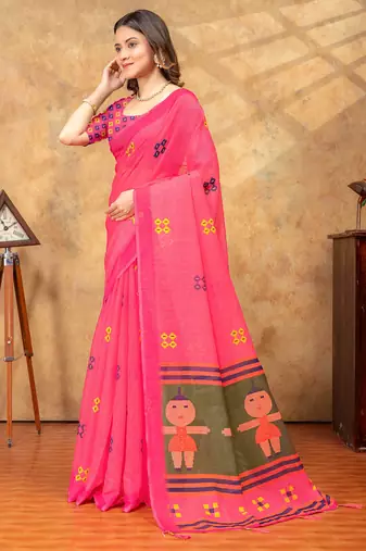 Hot pink printed art silk designer pallu saree