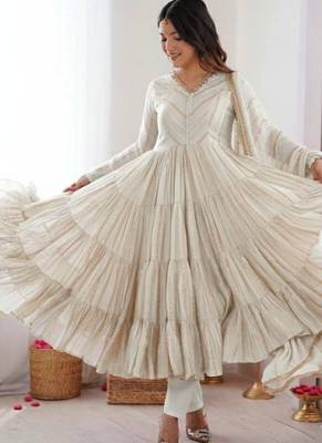 White color designer mal chanderi silk real mirror & handwork readymade suit 1