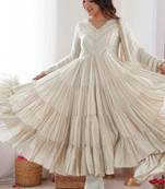 White color designer mal chanderi silk real mirror & handwork readymade suit