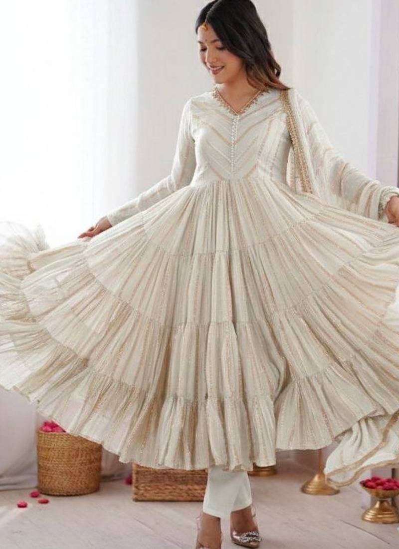 White color designer mal chanderi silk real mirror & handwork readymade suit