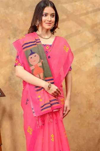 Hot pink printed art silk designer pallu saree