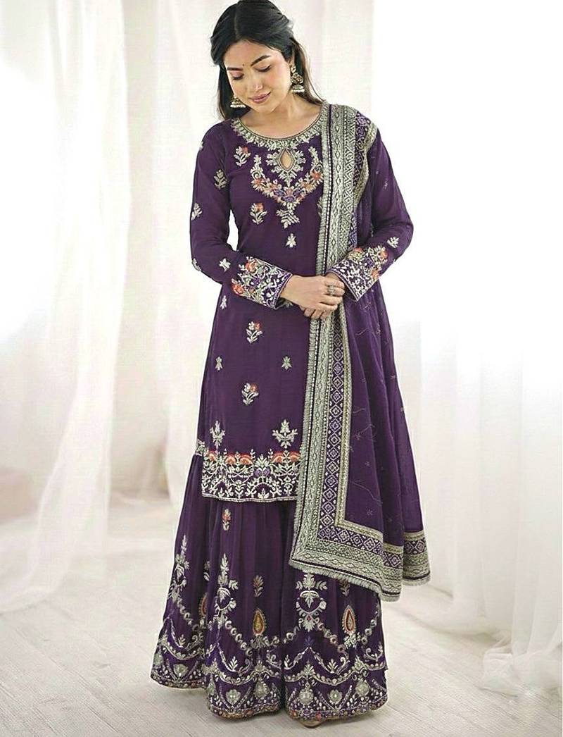 Purple color designer heavy faux georgette sequins embroidered work readymade suit