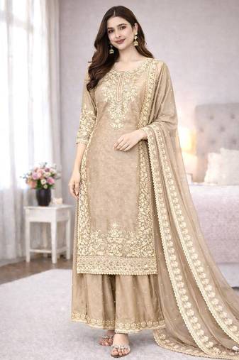 Beige color designer pure gmy silk sequins embroidered work readymade suit