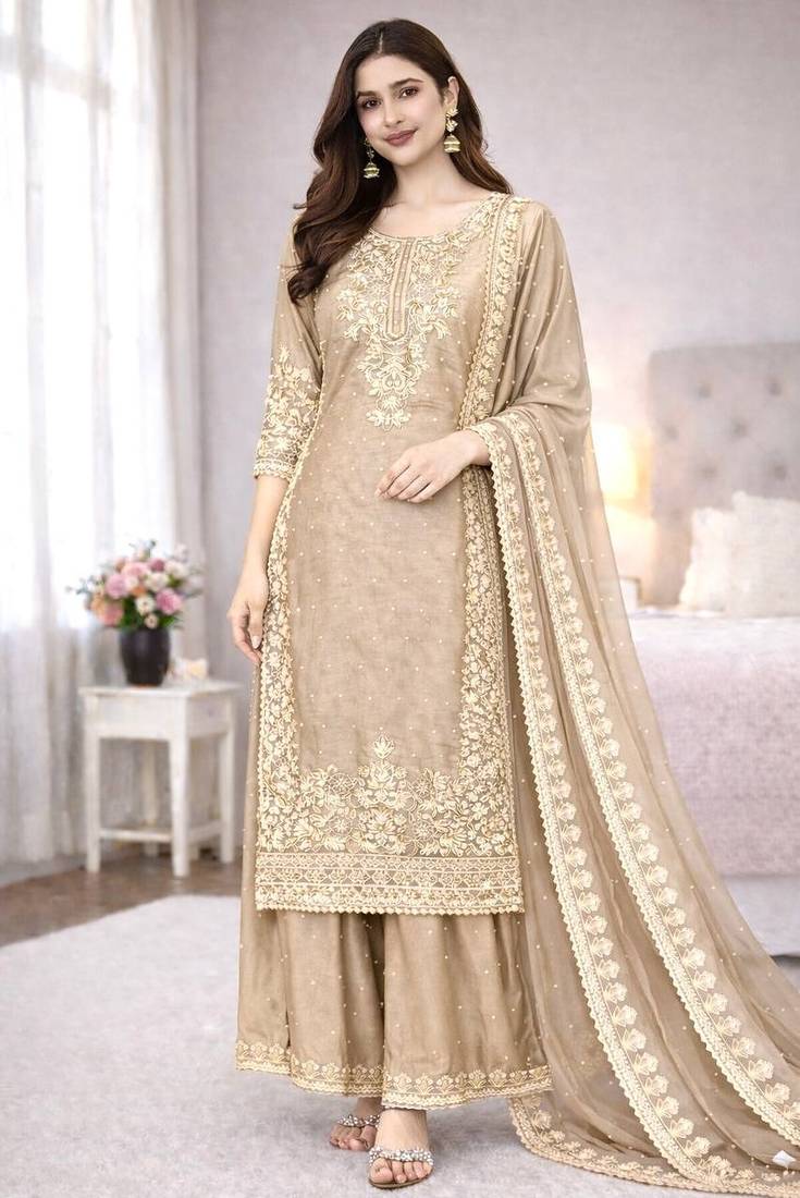 Beige color designer pure gmy silk sequins embroidered work readymade suit