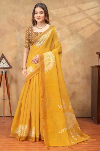 Yellow printed art silk designer pallu saree