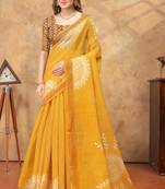 Yellow printed art silk designer pallu saree