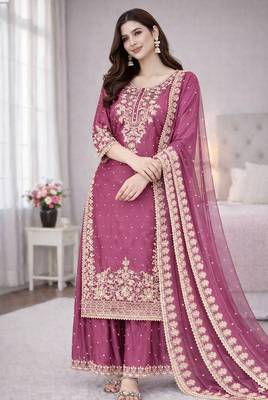 Pink color designer pure gmy silk sequins embroidered work readymade suit 1