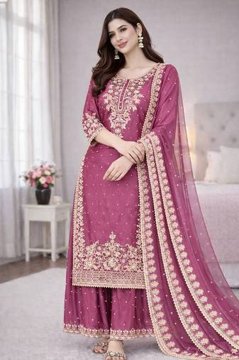 Pink color designer pure gmy silk sequins embroidered work readymade suit