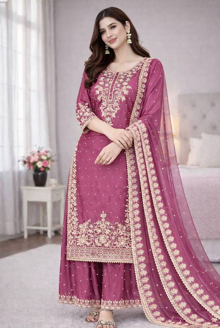 Pink color designer pure gmy silk sequins embroidered work readymade suit
