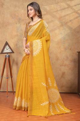 Yellow printed art silk designer pallu saree 2