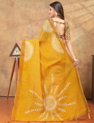 Yellow printed art silk designer pallu saree 3