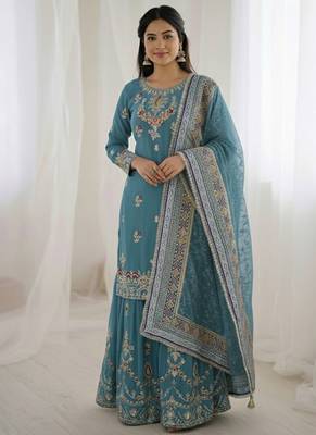 Blue color designer heavy faux georgette sequins embroidered work readymade suit 2