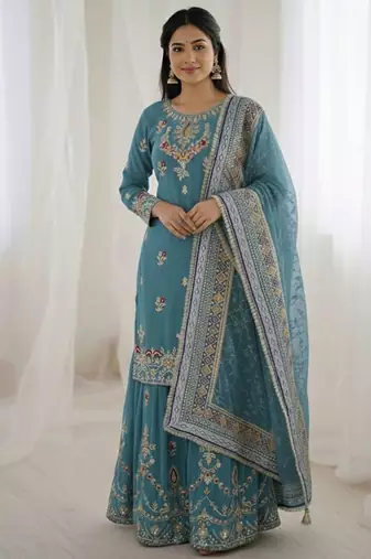 Blue color designer heavy faux georgette sequins embroidered work readymade suit
