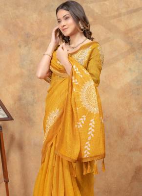 Yellow printed art silk designer pallu saree 4