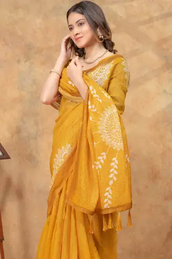 Yellow printed art silk designer pallu saree