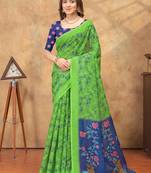Parrot green printed art silk designer pallu saree