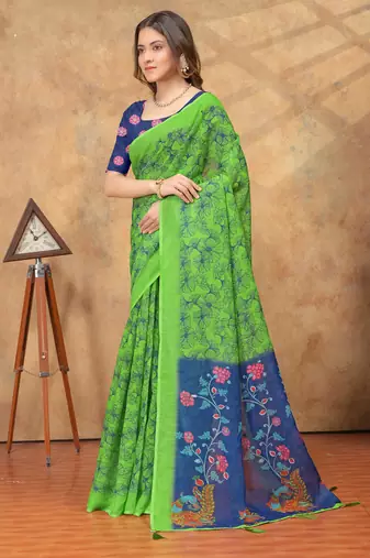 Parrot green printed art silk designer pallu saree