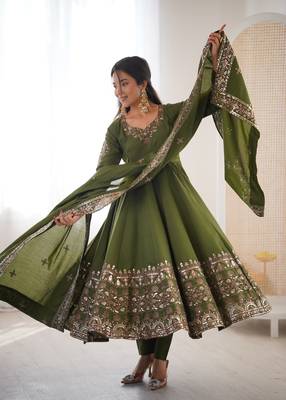 Mehendi green color designer roman silk sequins embroidered work readymade suit 1