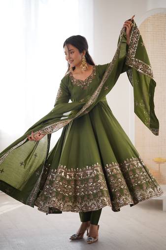 Mehendi green color designer roman silk sequins embroidered work readymade suit