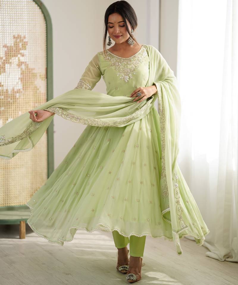 Pista color designer heavy blooming faux georgette sequins embroidered work readymade suit