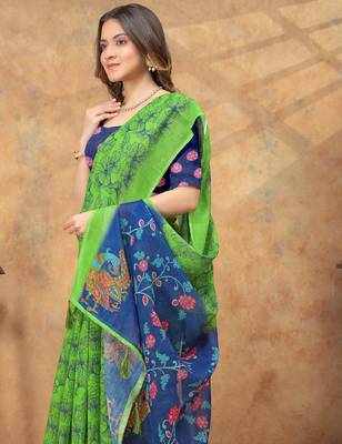 Parrot green printed art silk designer pallu saree 4