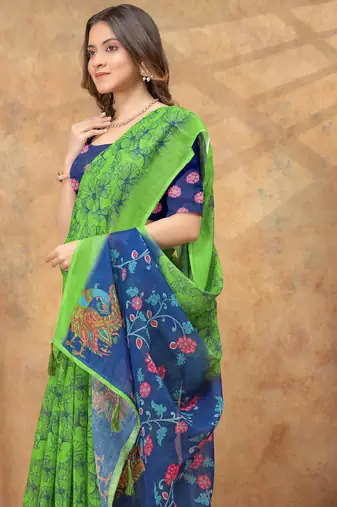 Parrot green printed art silk designer pallu saree