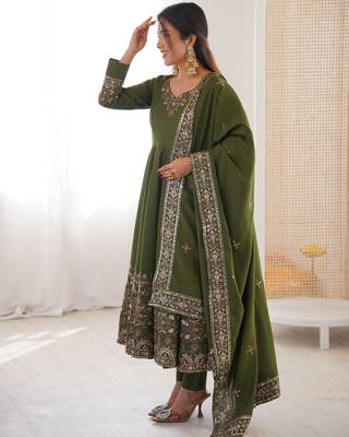 Mehendi green color designer roman silk sequins embroidered work readymade suit 2
