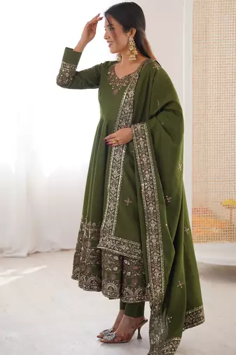 Mehendi green color designer roman silk sequins embroidered work readymade suit