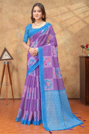 Purple printed art silk designer pallu saree