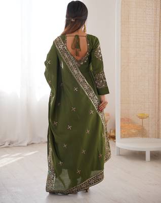 Mehendi green color designer roman silk sequins embroidered work readymade suit 3