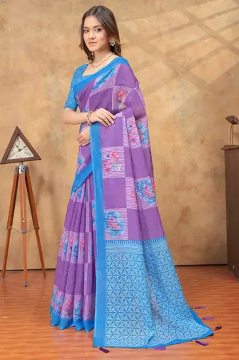 Purple printed art silk designer pallu saree