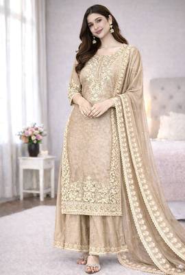 Beige color designer pure gmy silk sequins embroidered work readymade suit 2