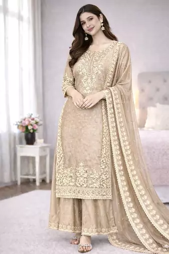 Beige color designer pure gmy silk sequins embroidered work readymade suit