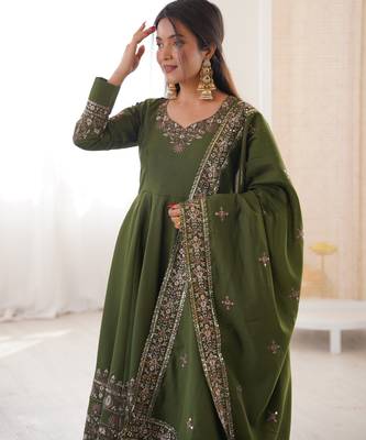 Mehendi green color designer roman silk sequins embroidered work readymade suit 4