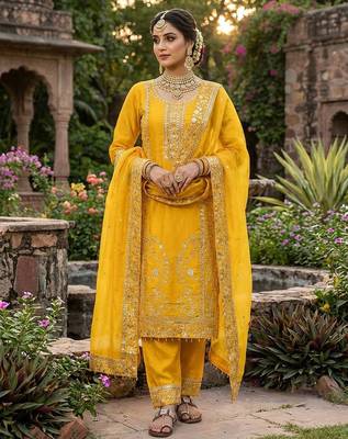 Yellow color designer pure gmy silk sequins embroidered work readymade suit 1