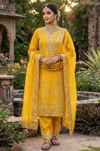Yellow color designer pure gmy silk sequins embroidered work readymade suit