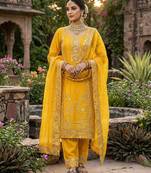 Yellow color designer pure gmy silk sequins embroidered work readymade suit