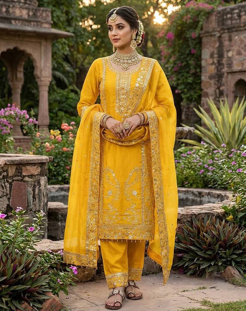 Yellow color designer pure gmy silk sequins embroidered work readymade suit