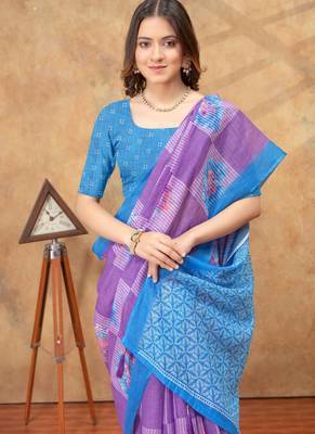 Purple printed art silk designer pallu saree 4