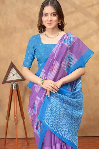 Purple printed art silk designer pallu saree