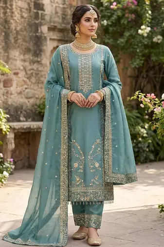 Blue color designer pure gmy silk sequins embroidered work readymade suit